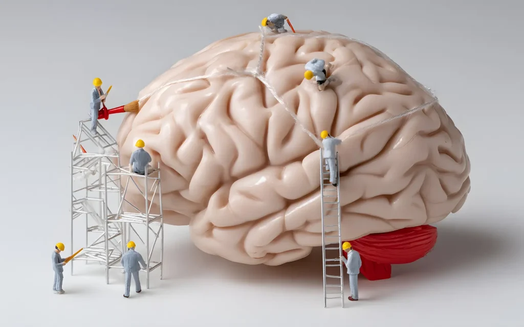 Neuroplasticity Small workmen figures that are working on a model of a brain, representing brain rewiring through neuroplasticity