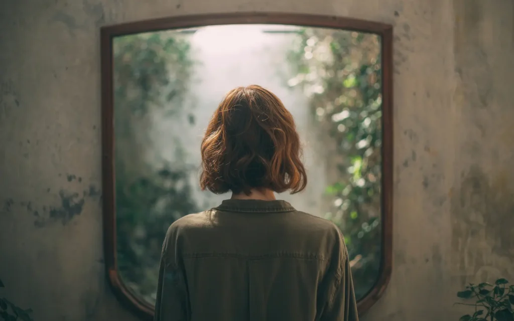 A woman looking at a mirror, representing the question "Why does my therapist mirror me?"