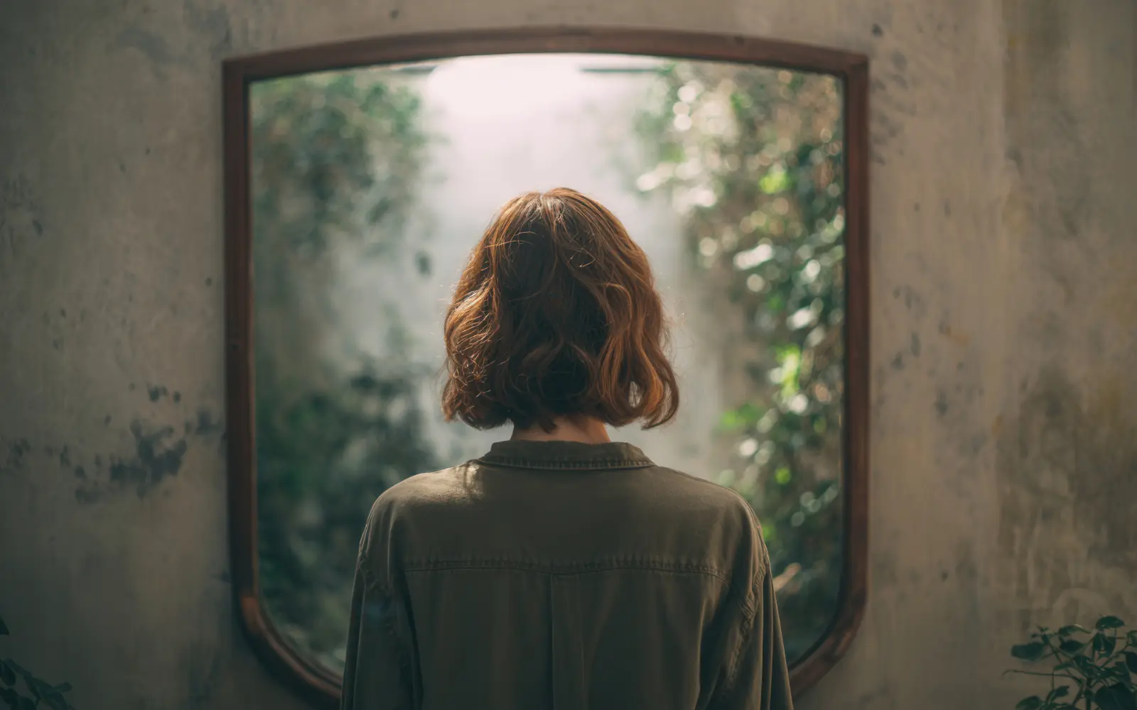 A woman looking at a mirror, representing the question "Why does my therapist mirror me?"